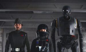 Captain Cassian Andor, Jyn Erso and K-2SO (played by Diego Luna, Felicity Jones and voice actor Alan Tudyk) in “Rogue One.” Photo Credit: Industrial Light & Magic / Lucasfilm