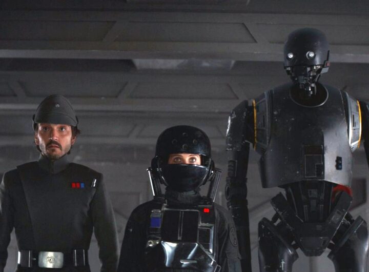 Captain Cassian Andor, Jyn Erso and K-2SO (played by Diego Luna, Felicity Jones and voice actor Alan Tudyk) in “Rogue One.” Photo Credit: Industrial Light & Magic / Lucasfilm